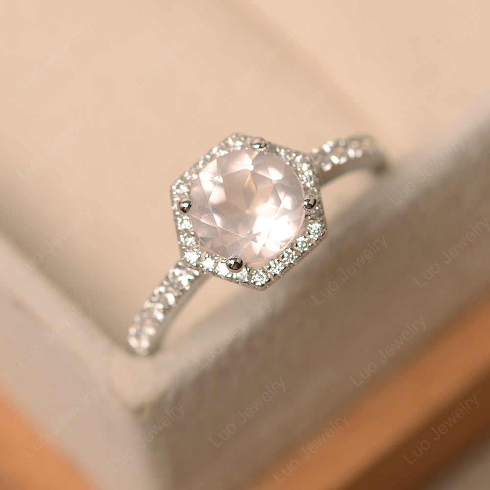 Rose Quartz Halo Hexagon Setting Engagement Ring - LUO Jewelry