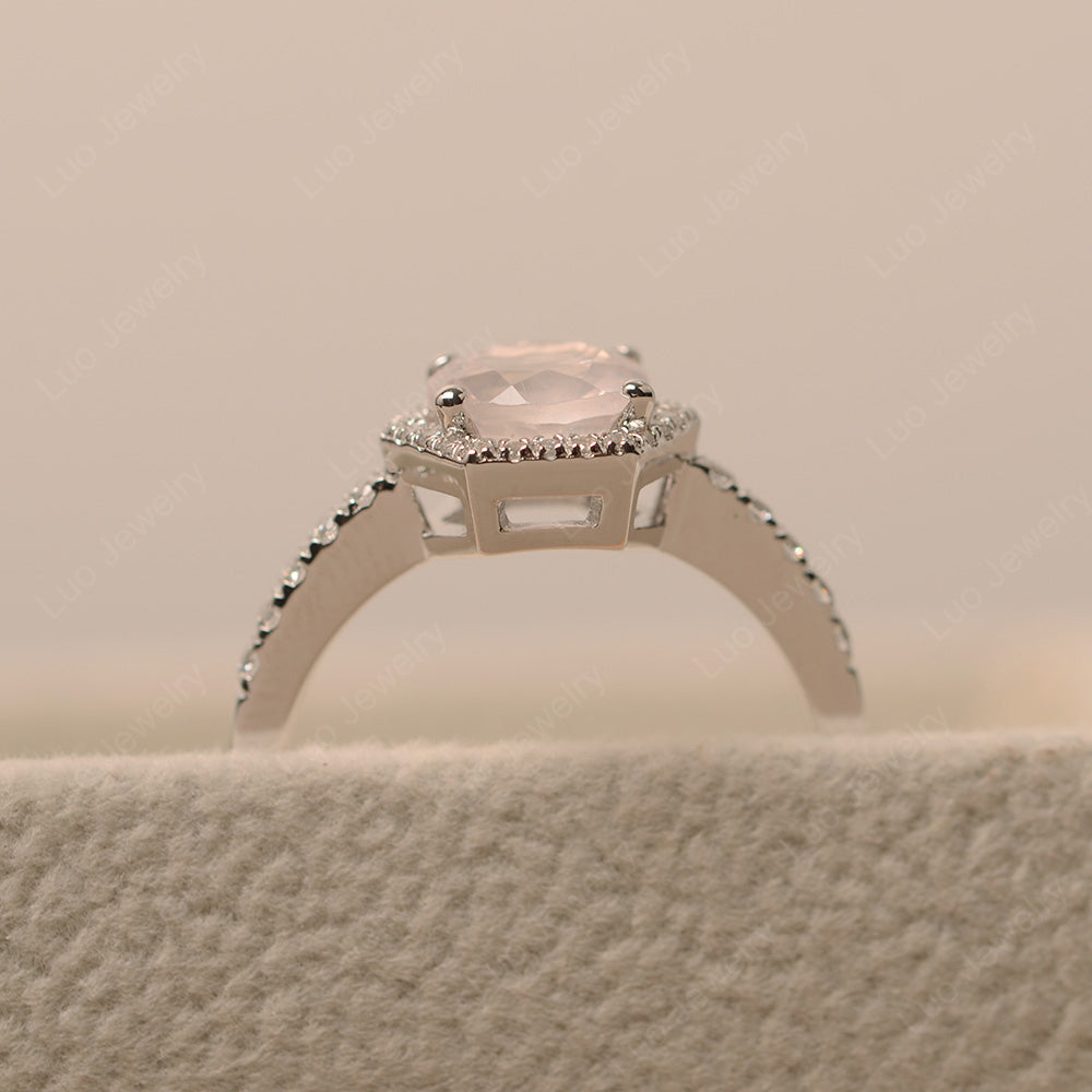 Rose Quartz Halo Hexagon Setting Engagement Ring - LUO Jewelry