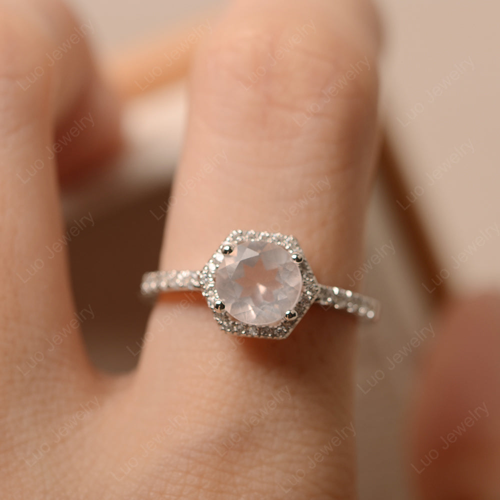 Rose Quartz Halo Hexagon Setting Engagement Ring - LUO Jewelry