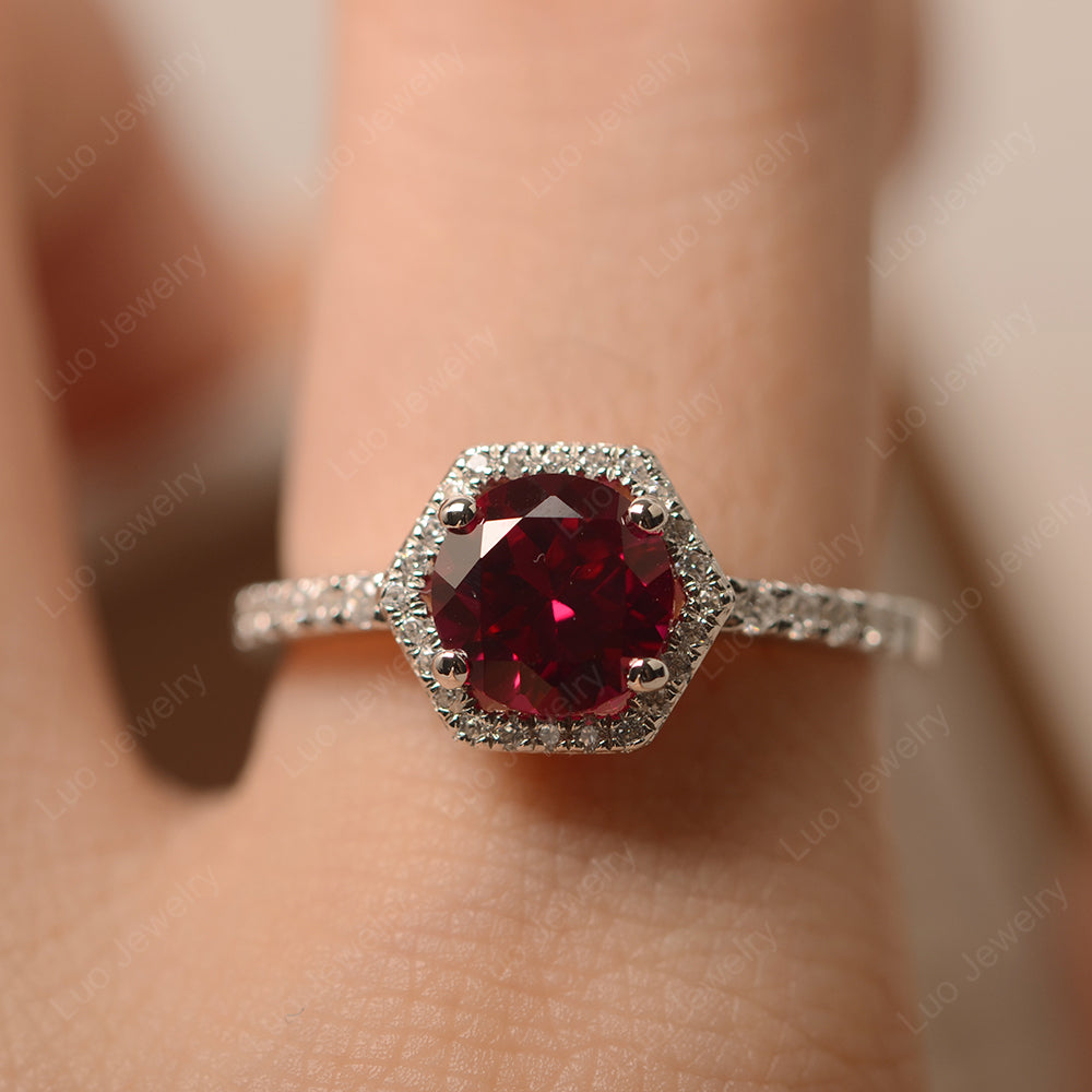Ruby Halo Hexagon Setting Engagement Ring - LUO Jewelry