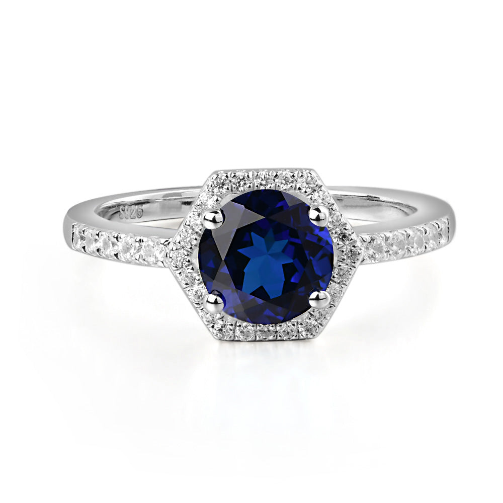 Lab Sapphire Halo Hexagon Setting Engagement Ring - LUO Jewelry
