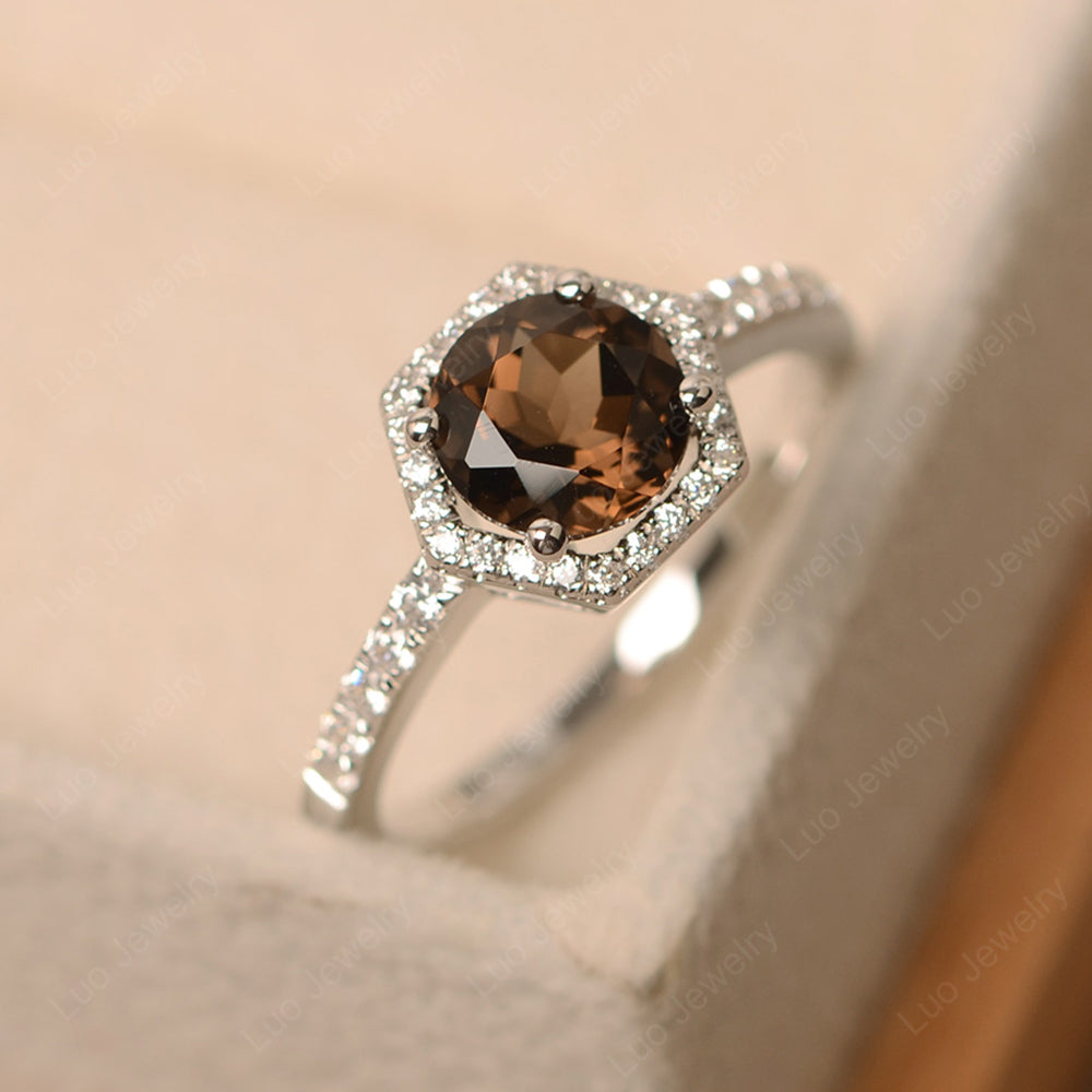 Smoky Quartz  Halo Hexagon Setting Engagement Ring - LUO Jewelry