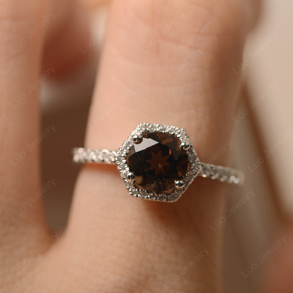 Smoky Quartz  Halo Hexagon Setting Engagement Ring - LUO Jewelry