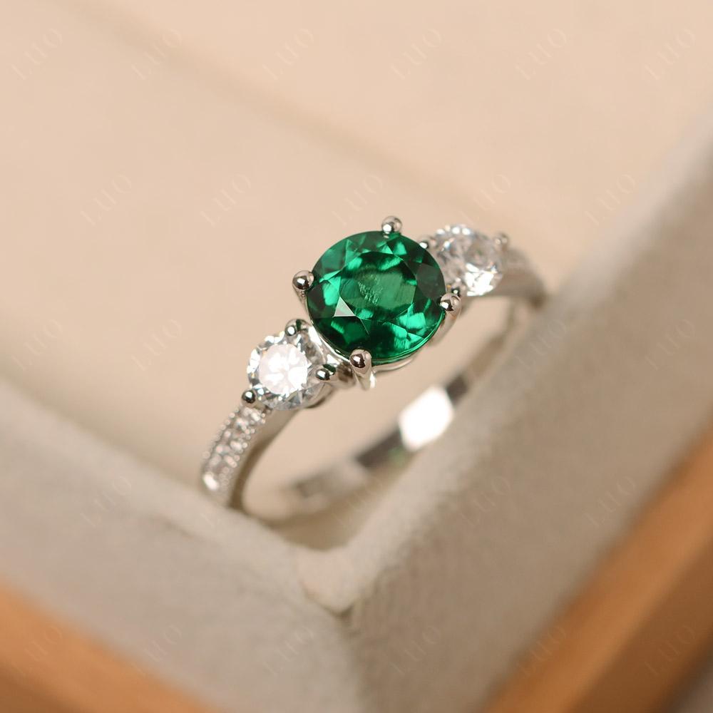 Emerald Ring 3 Stone Engagement Ring - LUO Jewelry