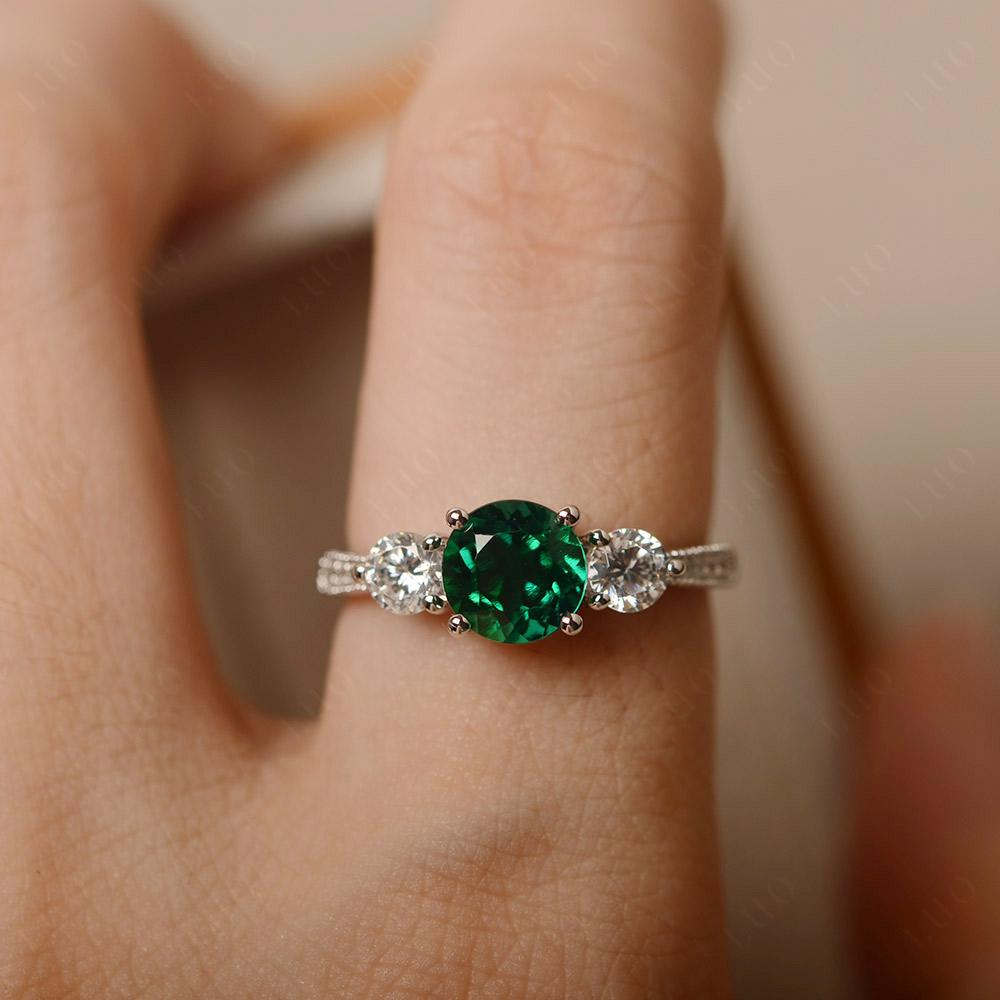 Emerald Ring 3 Stone Engagement Ring - LUO Jewelry