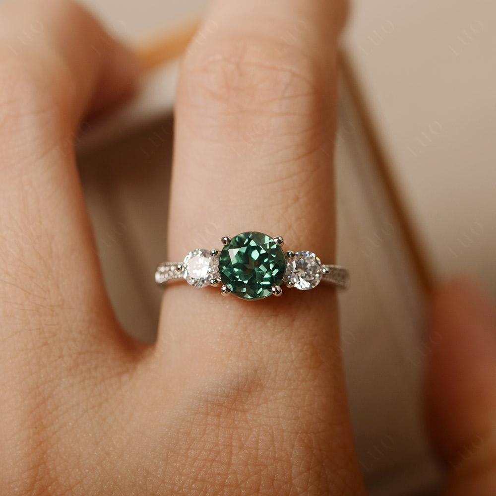 Green Sapphire Ring 3 Stone Engagement Ring - LUO Jewelry