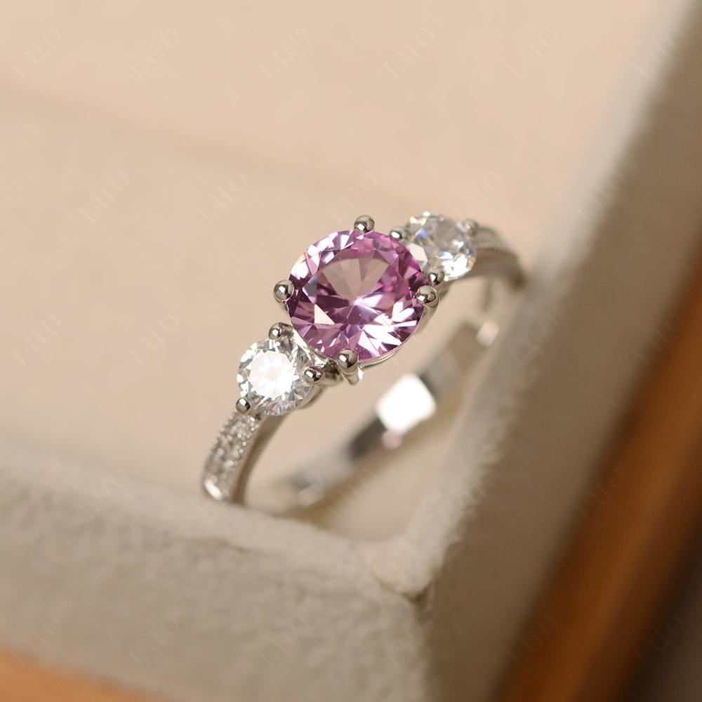 Lab Created Pink Sapphire Ring 3 Stone Engagement Ring - LUO Jewelry