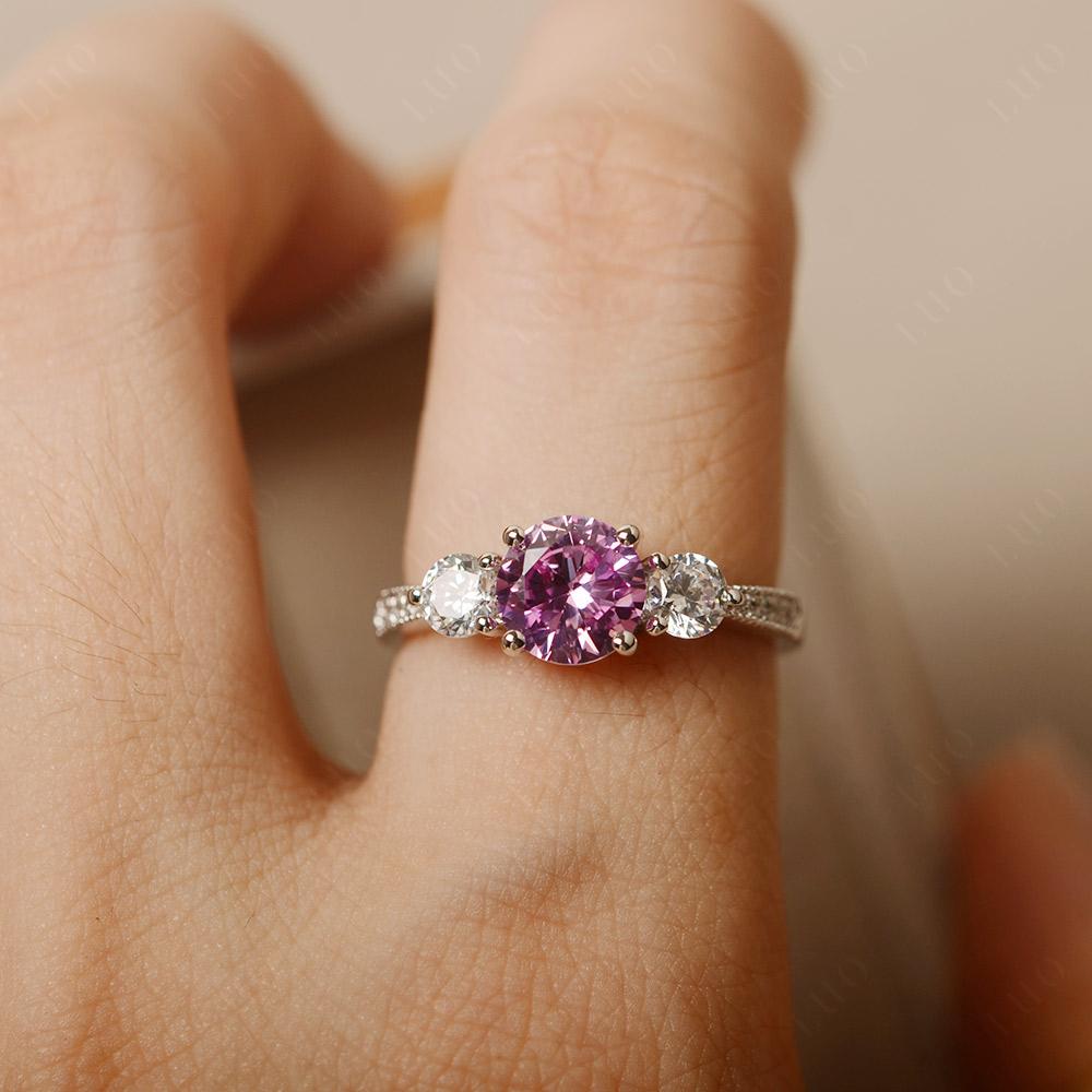 Lab Created Pink Sapphire Ring 3 Stone Engagement Ring - LUO Jewelry