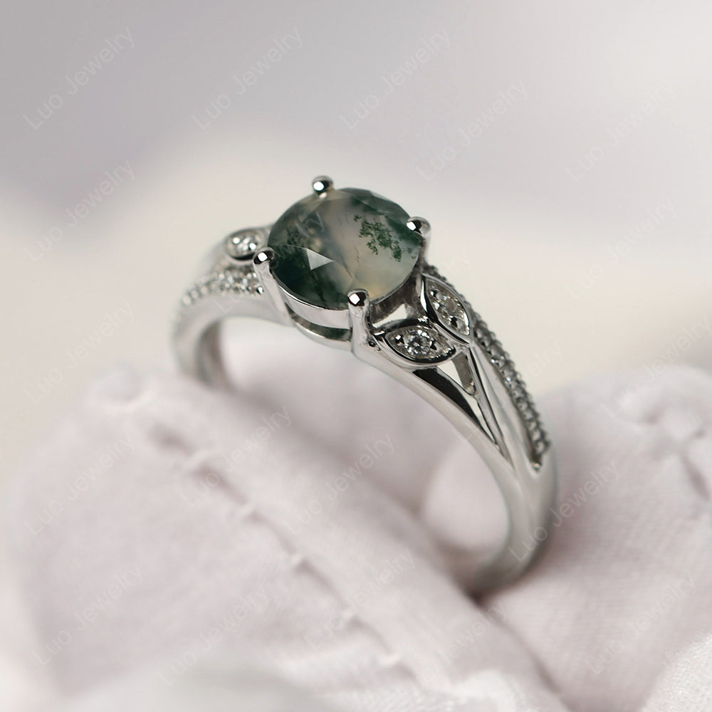 Round Cut Moss Agate Engagement Ring White Gold - LUO Jewelry