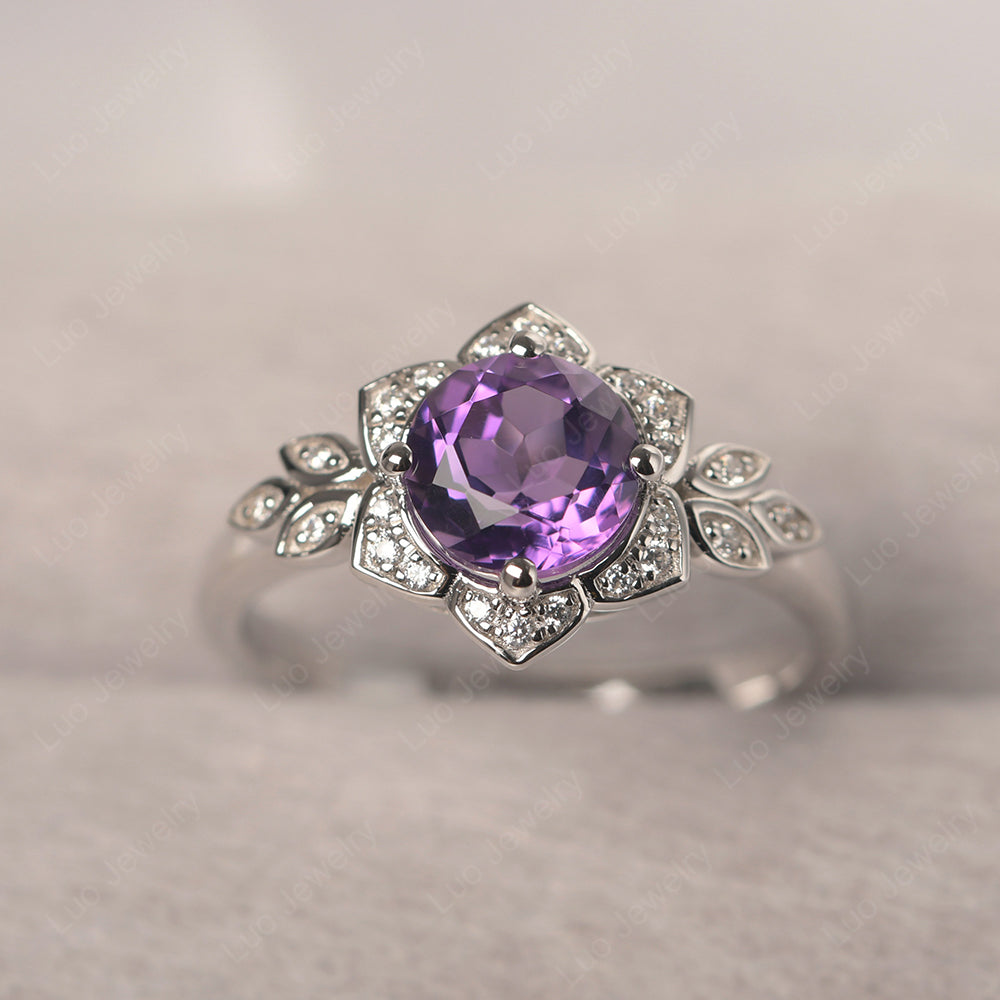 Round Cut Amethyst Flower Ring Yellow Gold - LUO Jewelry