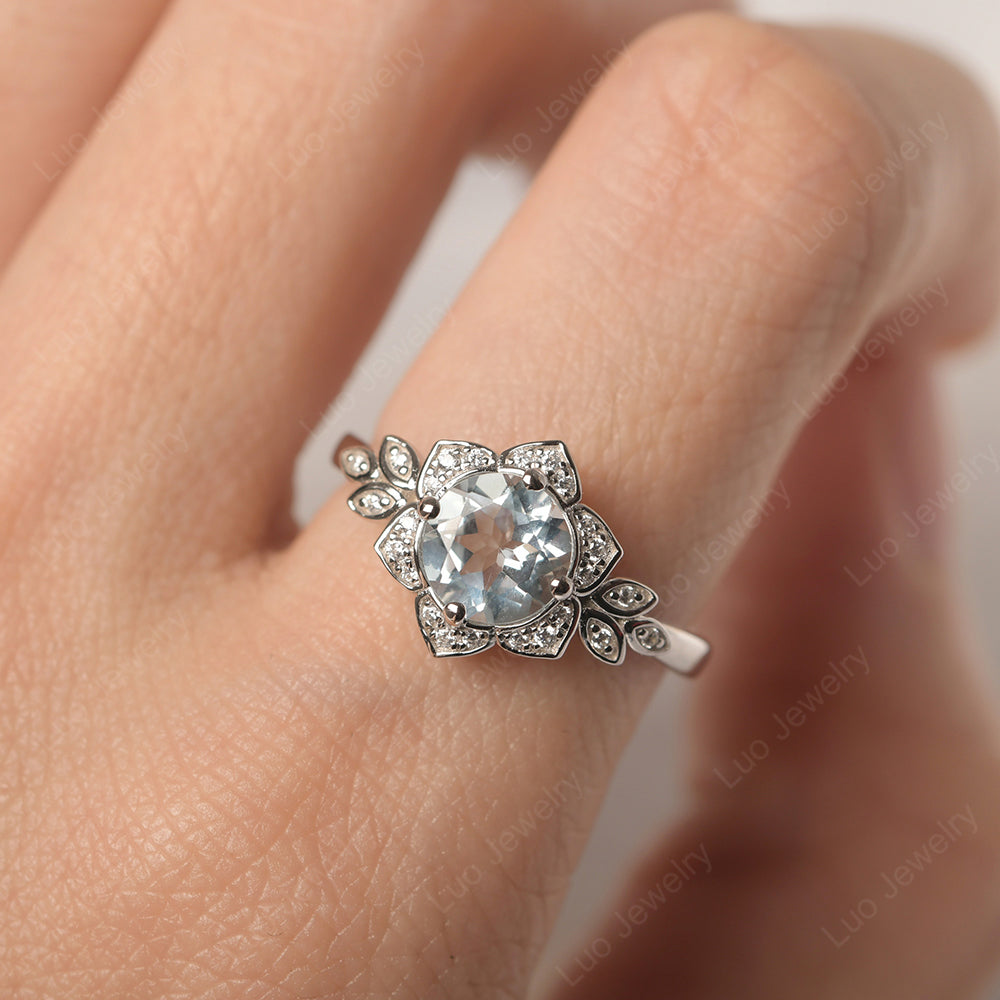 Round Cut Aquamarine Flower Ring Yellow Gold - LUO Jewelry