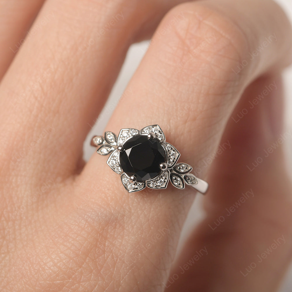Round Cut Black Spinel Flower Ring Yellow Gold - LUO Jewelry