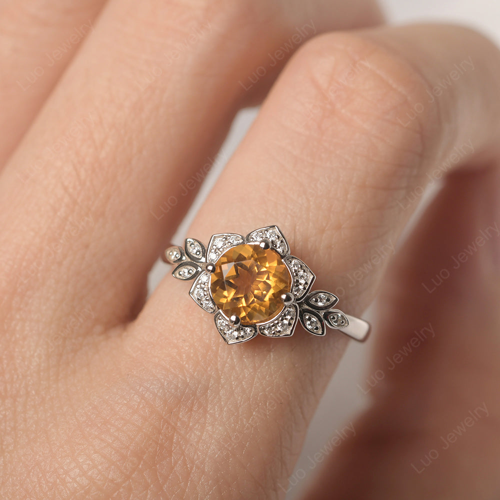 Round Cut Citrine Flower Ring Yellow Gold - LUO Jewelry