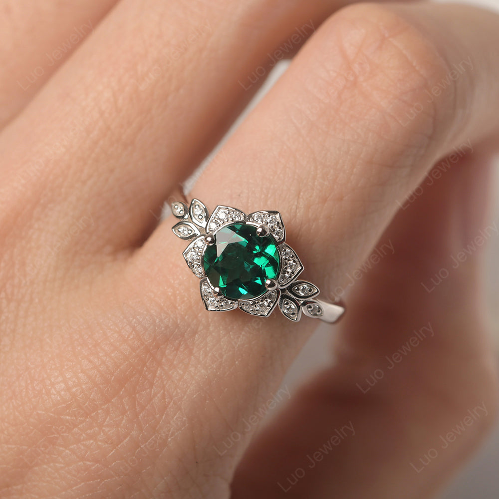 Round Cut Lab Emerald Flower Ring Yellow Gold - LUO Jewelry