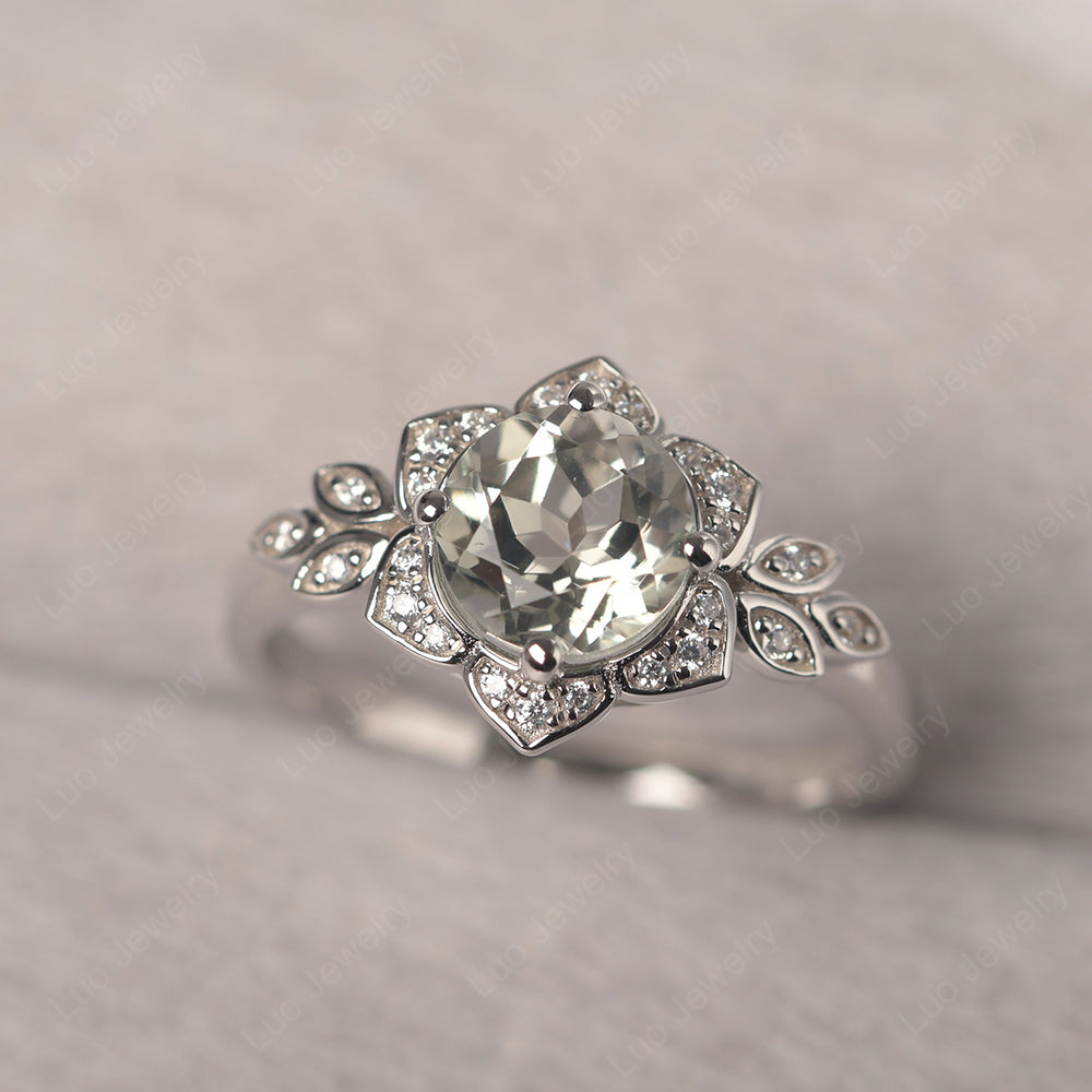 Round Cut Green Amethyst Flower Ring Yellow Gold - LUO Jewelry