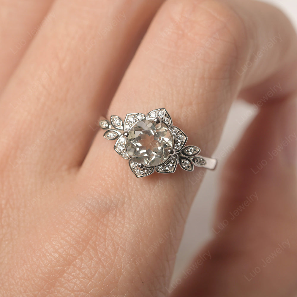 Round Cut Green Amethyst Flower Ring Yellow Gold - LUO Jewelry