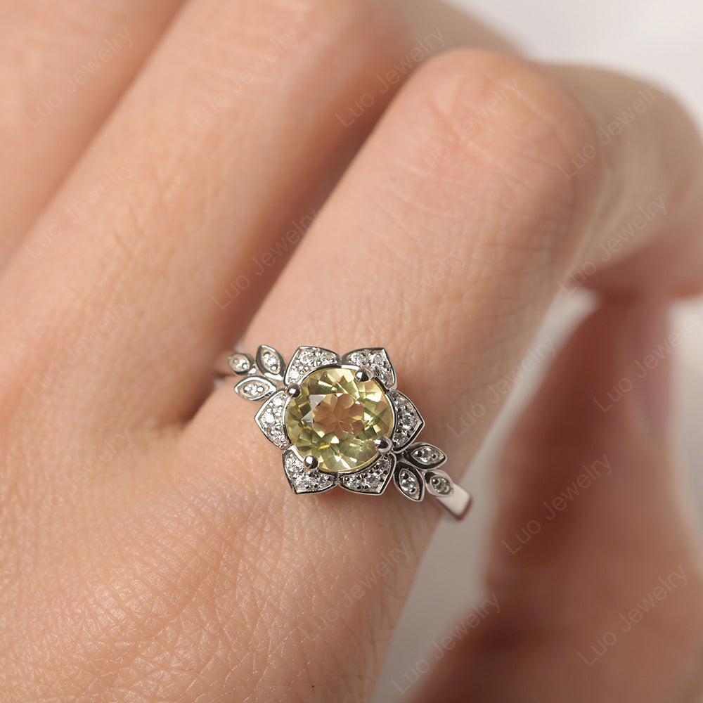 Round Cut Lemon Quartz Flower Ring Yellow Gold - LUO Jewelry