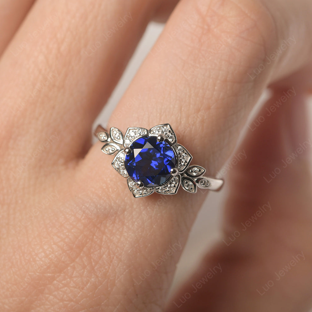 Round Cut Lab Sapphire Flower Ring Yellow Gold - LUO Jewelry