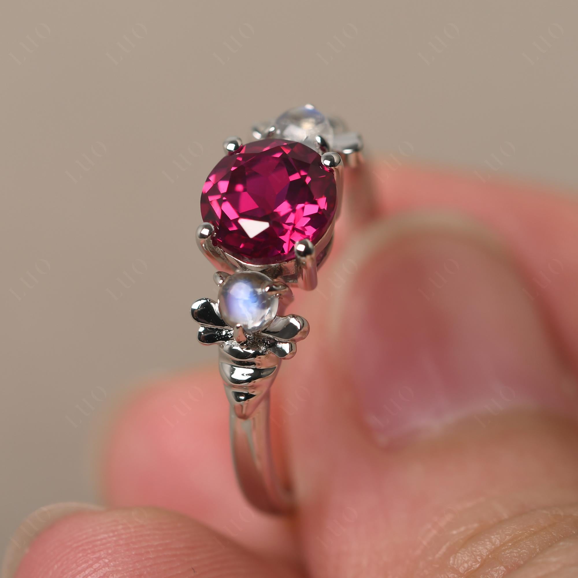 Moonstone and Lab Grown Ruby Bee Ring - LUO Jewelry