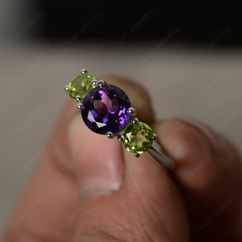 3 Stone Round Cut Amethyst and Peridot Ring - LUO Jewelry