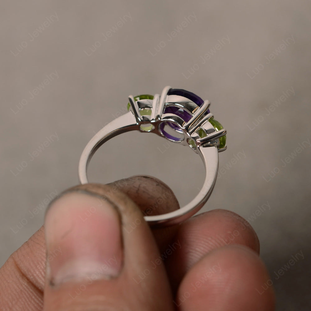 3 Stone Round Cut Amethyst and Peridot Ring - LUO Jewelry
