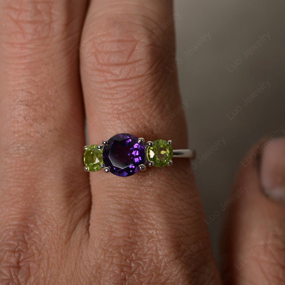3 Stone Round Cut Amethyst and Peridot Ring - LUO Jewelry