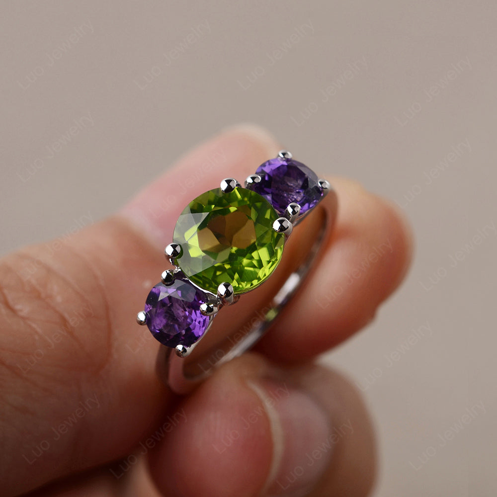 Peridot and Amethyst Three Stone Ring LUO