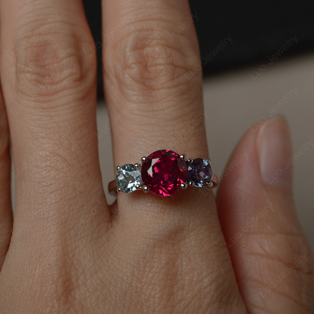 3 Stone Ruby and Alexandrite and Aquamarine Mothers Ring - LUO Jewelry