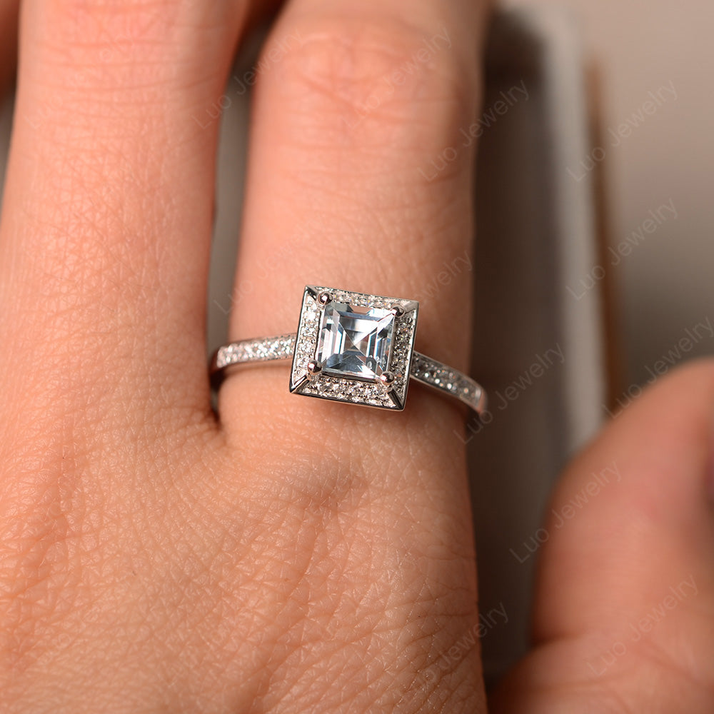 Square Cut Aquamarine Halo Engagement Ring - LUO Jewelry