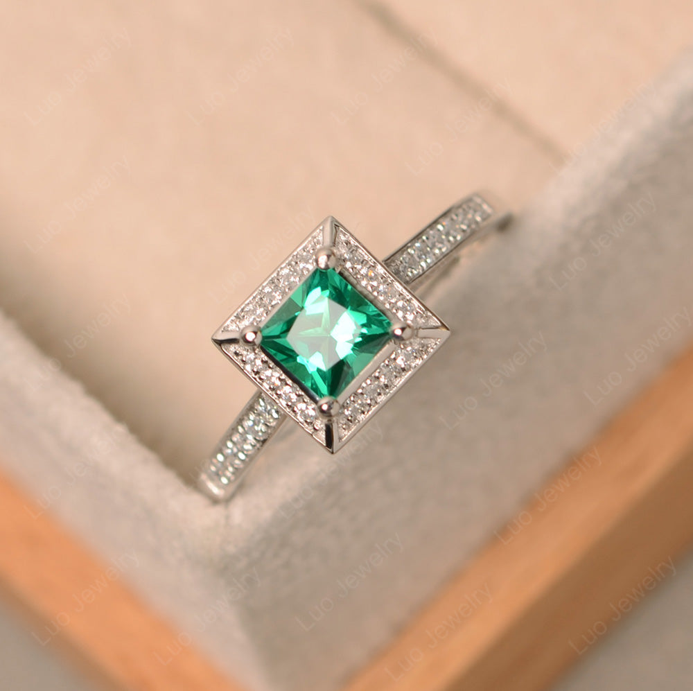 Princess Cut Lab Emerald Halo Engagement Ring - LUO Jewelry