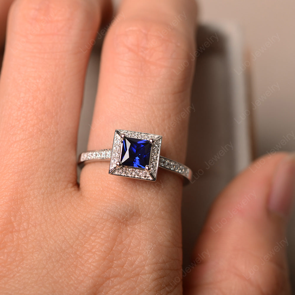 Princess Cut Lab Sapphire Halo Engagement Ring - LUO Jewelry