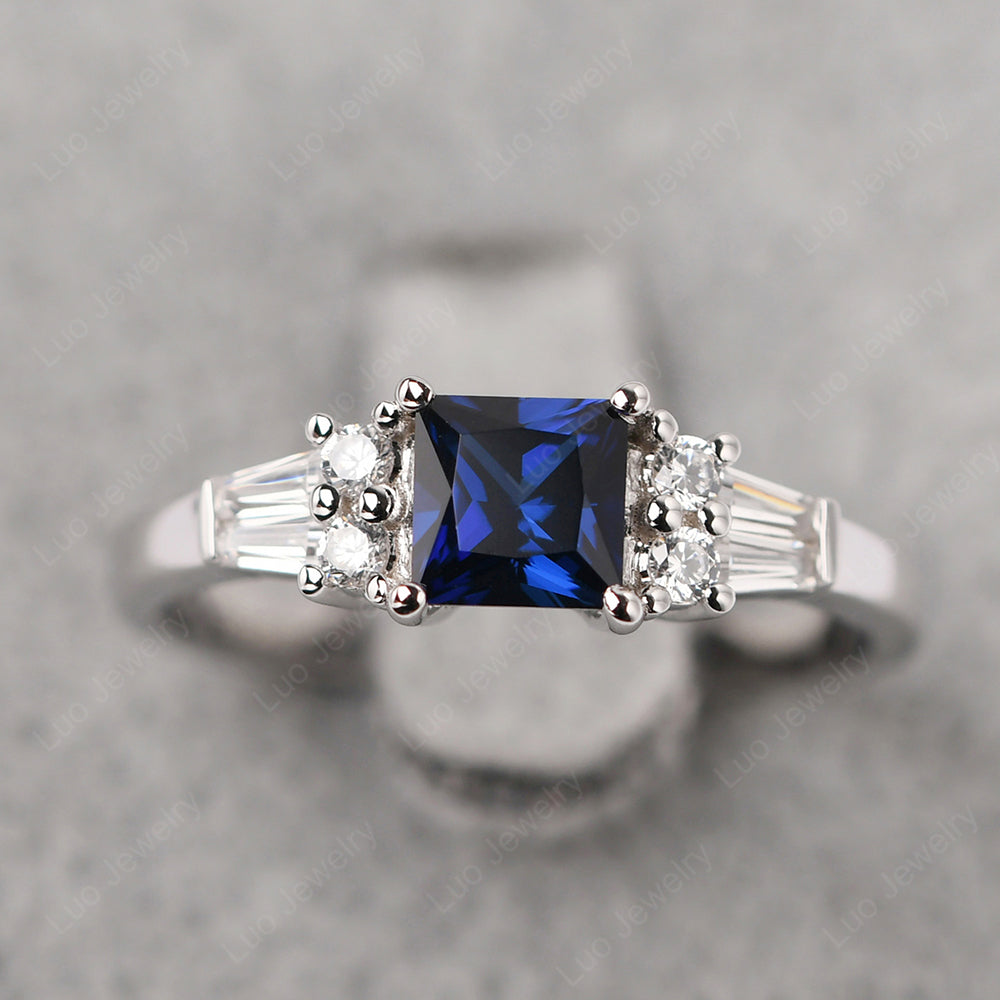 Art Deco Princess Cut Lab Sapphire Wedding Ring - LUO Jewelry