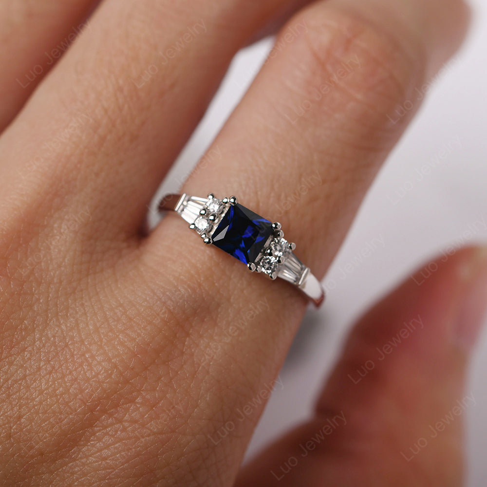 Art Deco Princess Cut Lab Sapphire Wedding Ring - LUO Jewelry