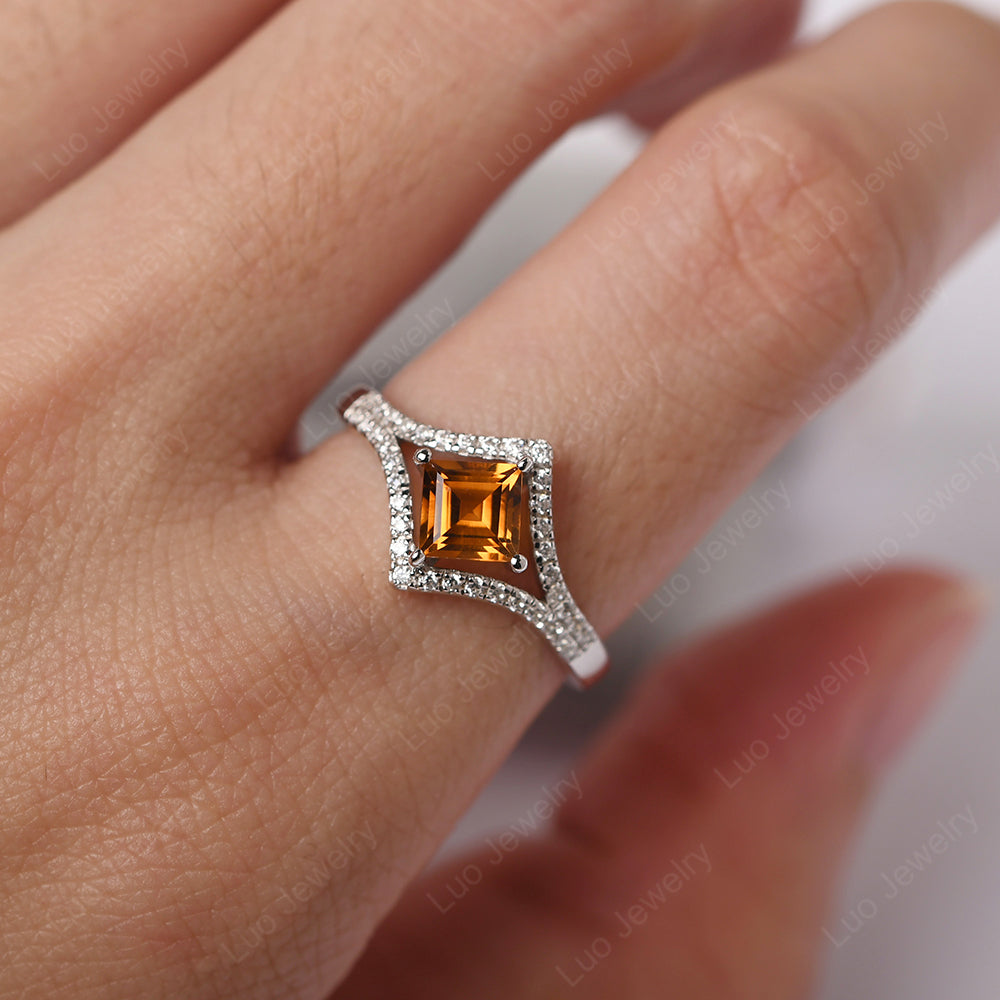 Square Cut Citrine Kite Set Engagement Ring - LUO Jewelry