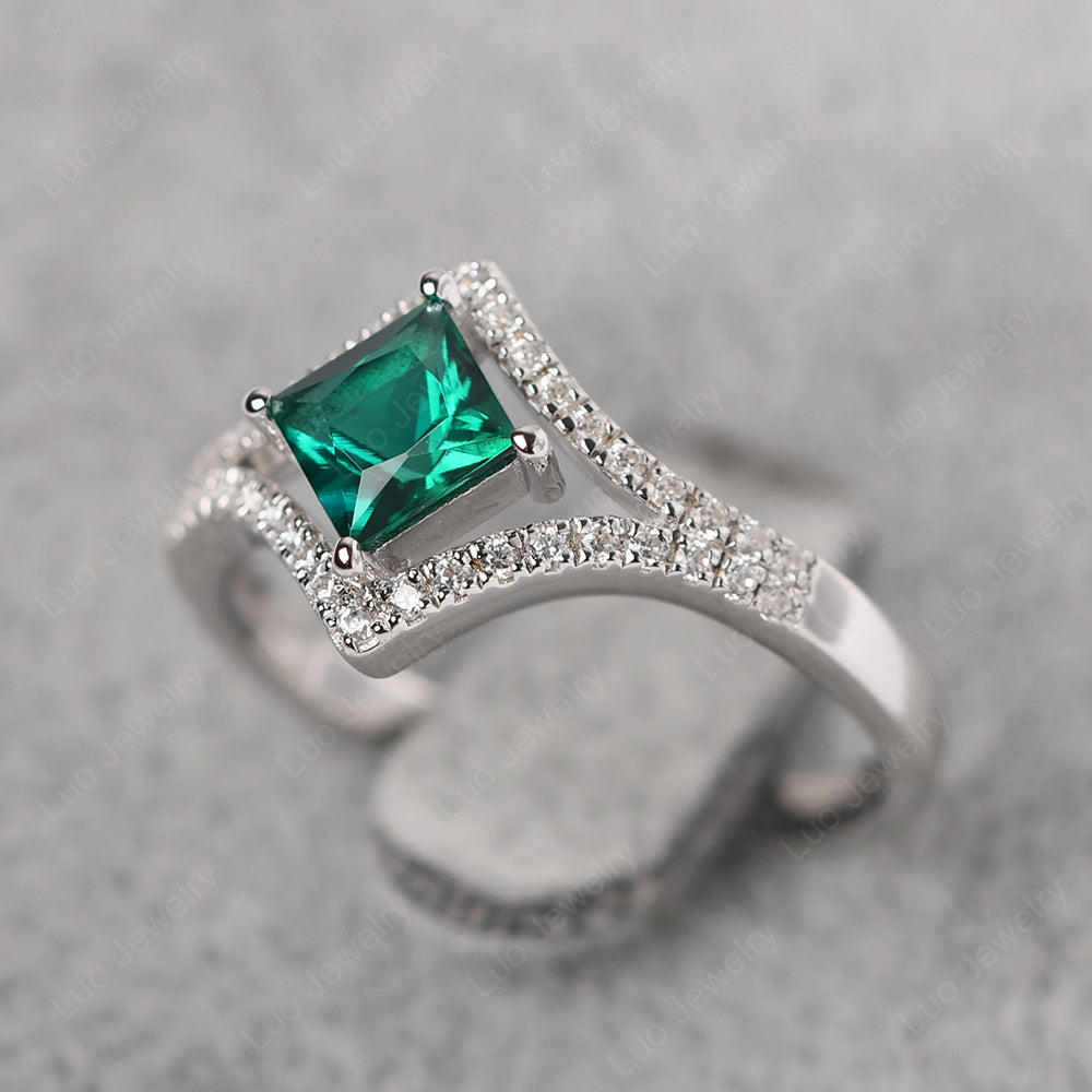 Princess Cut Lab Emerald Kite Set Engagement Ring - LUO Jewelry