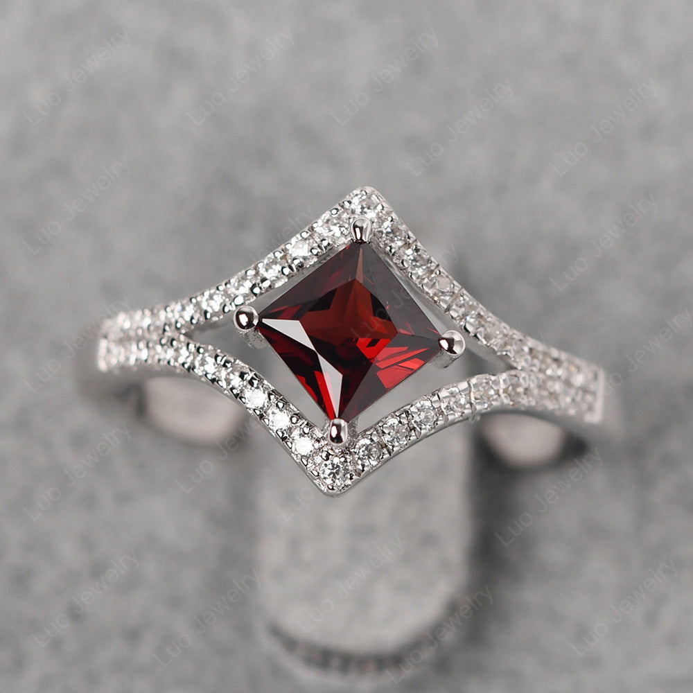 Princess Cut Garnet Kite Set Engagement Ring - LUO Jewelry
