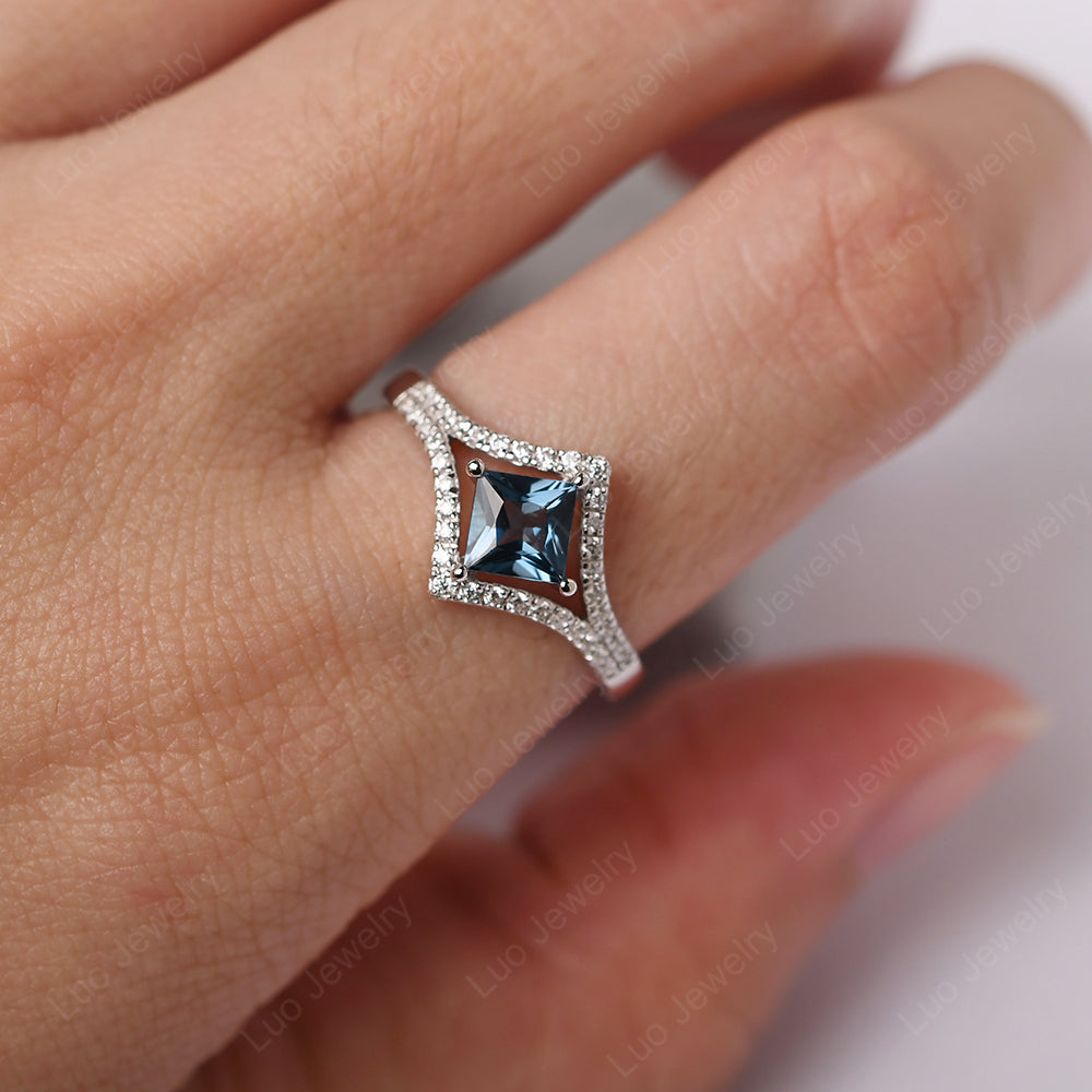Princess Cut London Blue Topaz Kite Set Engagement Ring - LUO Jewelry