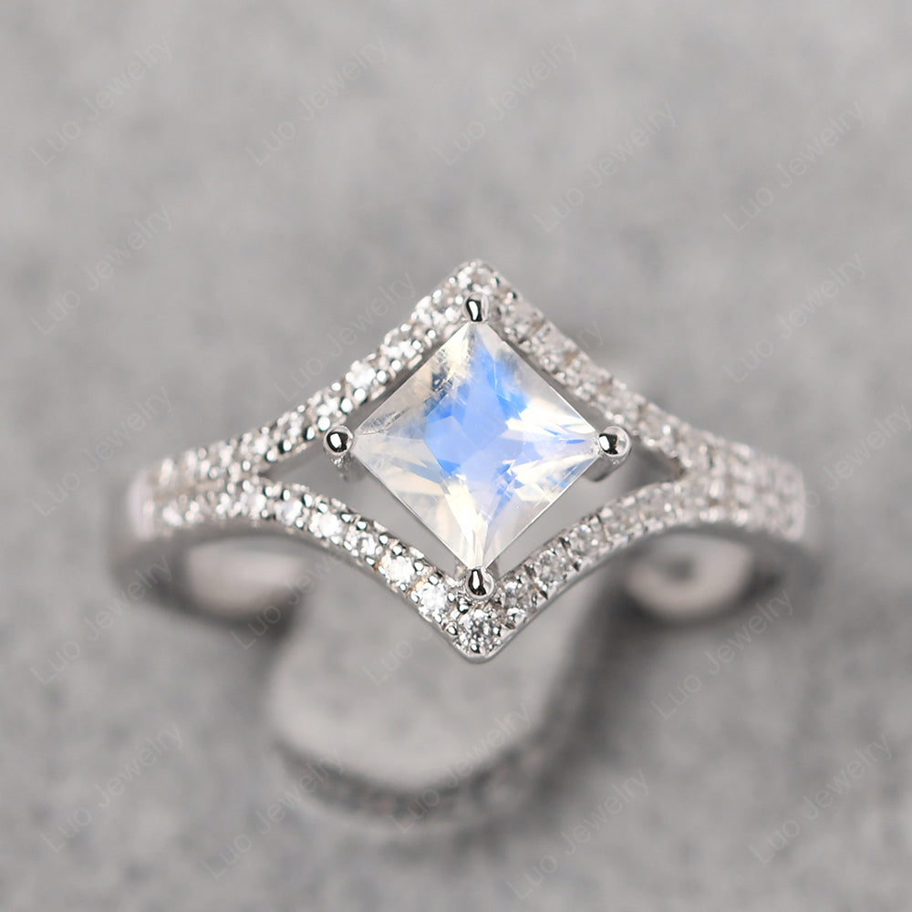 Princess Cut Moonstone Kite Set Halo Ring LUO