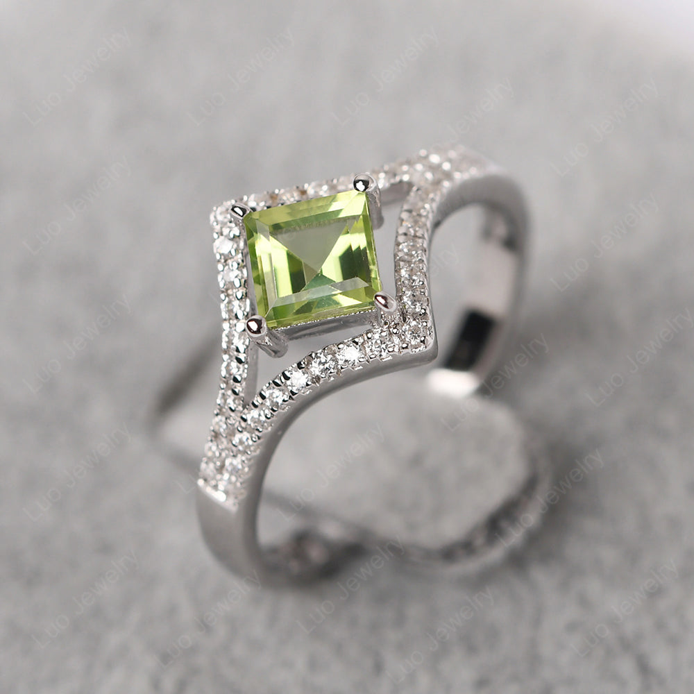 Square Cut Peridot Kite Set Engagement Ring - LUO Jewelry