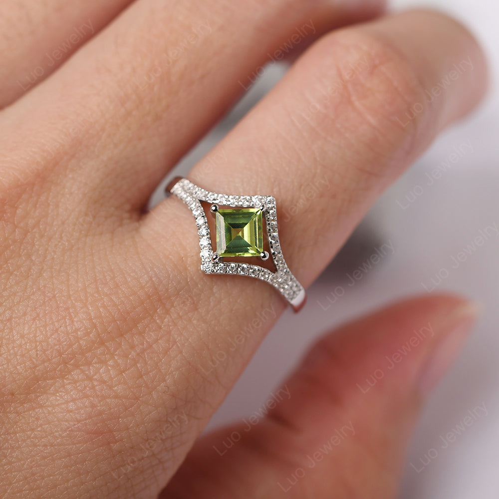 Square Cut Peridot Kite Set Engagement Ring - LUO Jewelry