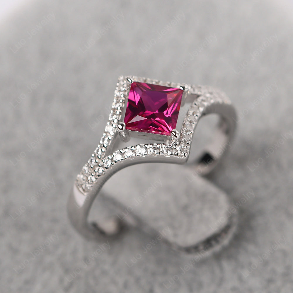 Princess Cut Ruby Kite Set Engagement Ring - LUO Jewelry