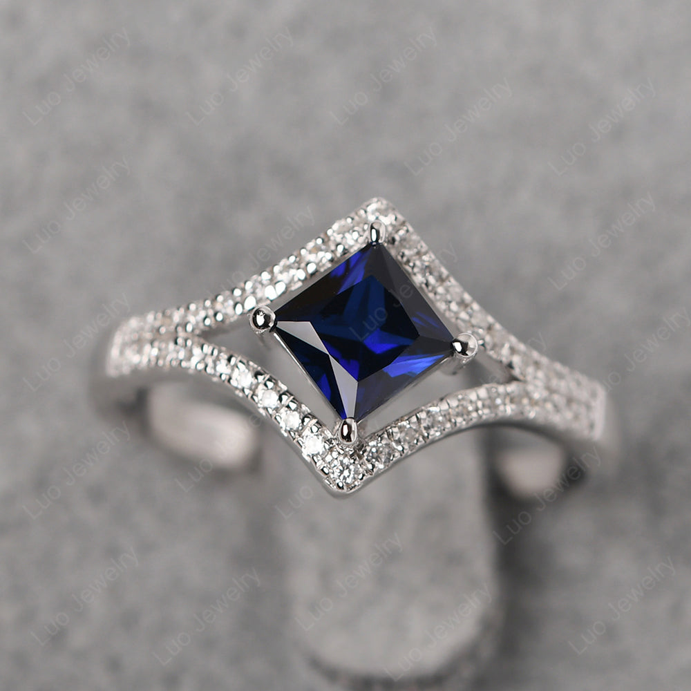 Princess Cut Lab Sapphire Kite Set Engagement Ring - LUO Jewelry