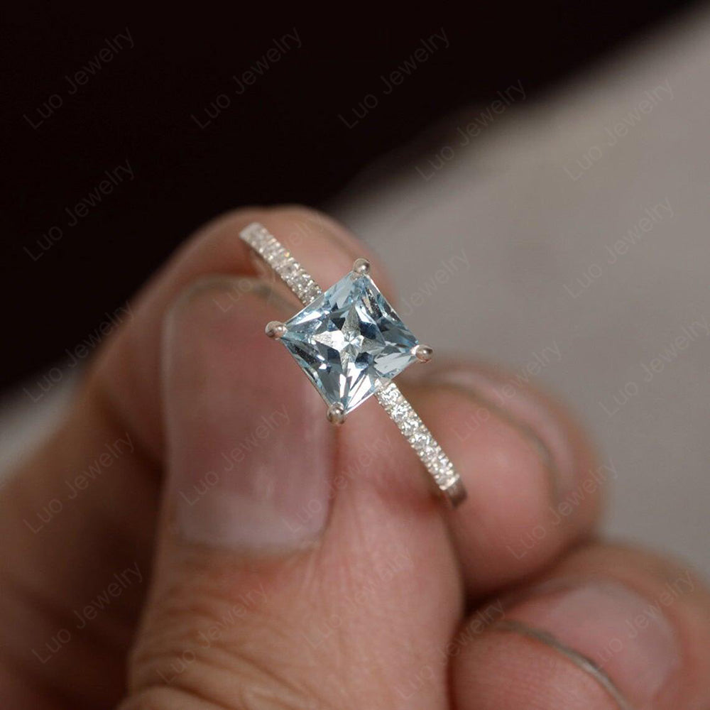 Princess Cut Aquamarine Ring With Thin Band - LUO Jewelry