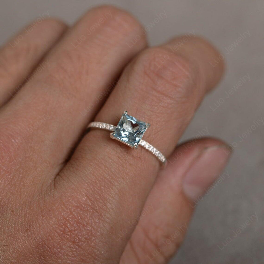 Princess Cut Aquamarine Ring With Thin Band - LUO Jewelry