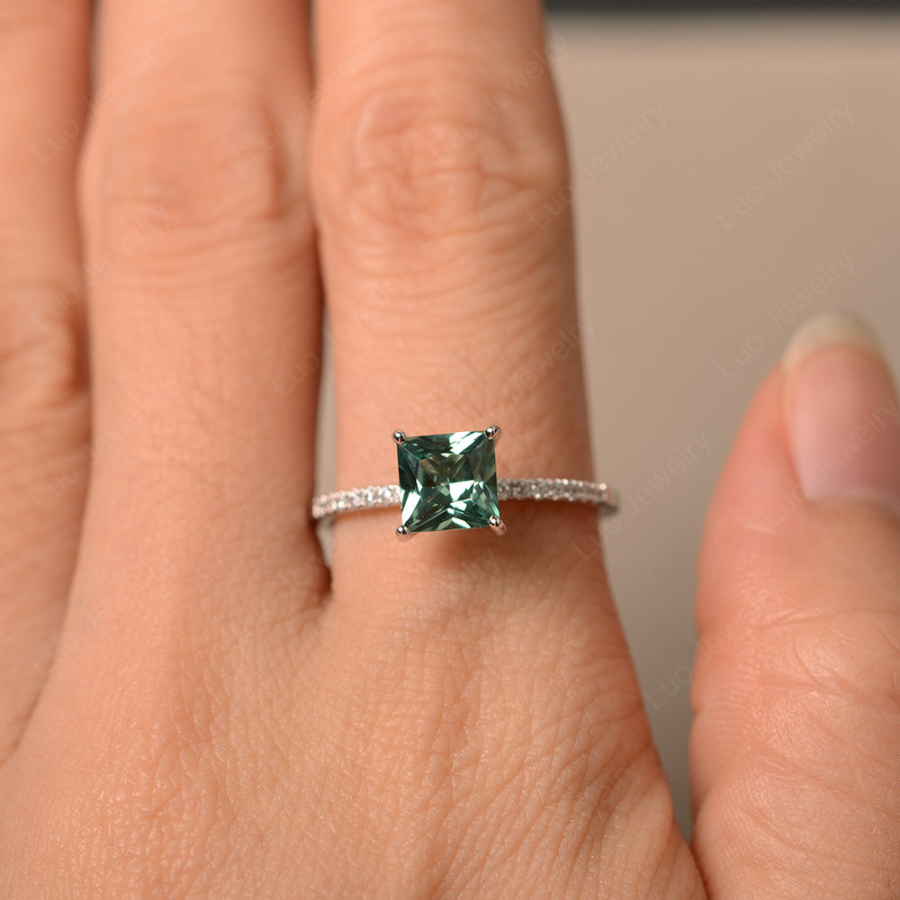 Princess Cut Green Sapphire Ring With Thin Band - LUO Jewelry