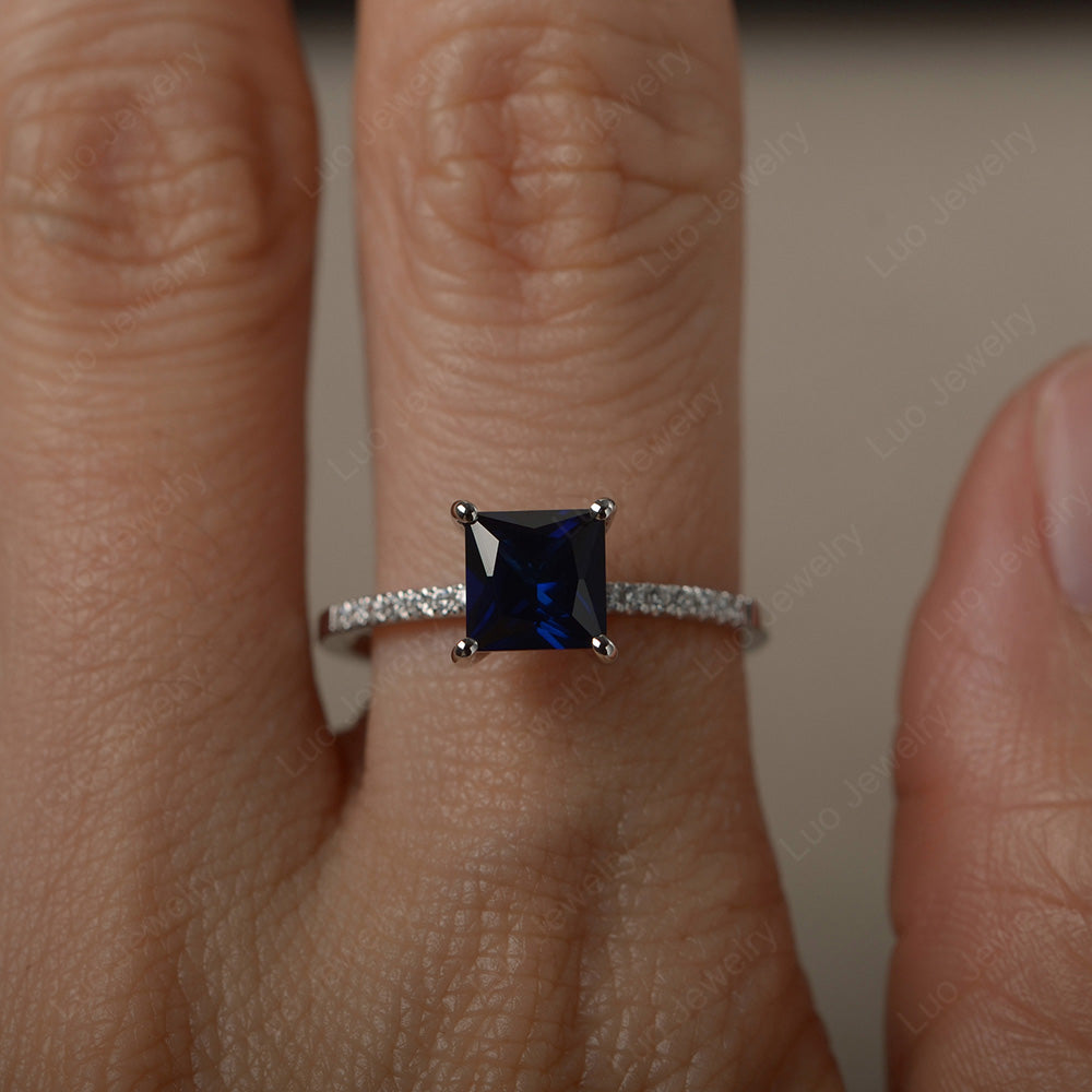 Princess Cut Lab Sapphire Ring With Thin Band - LUO Jewelry