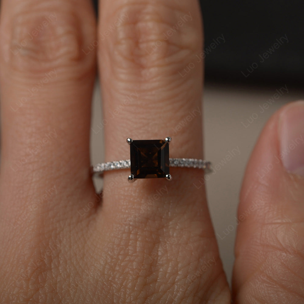 Square Cut Smoky Quartz Ring With Thin Band - LUO Jewelry