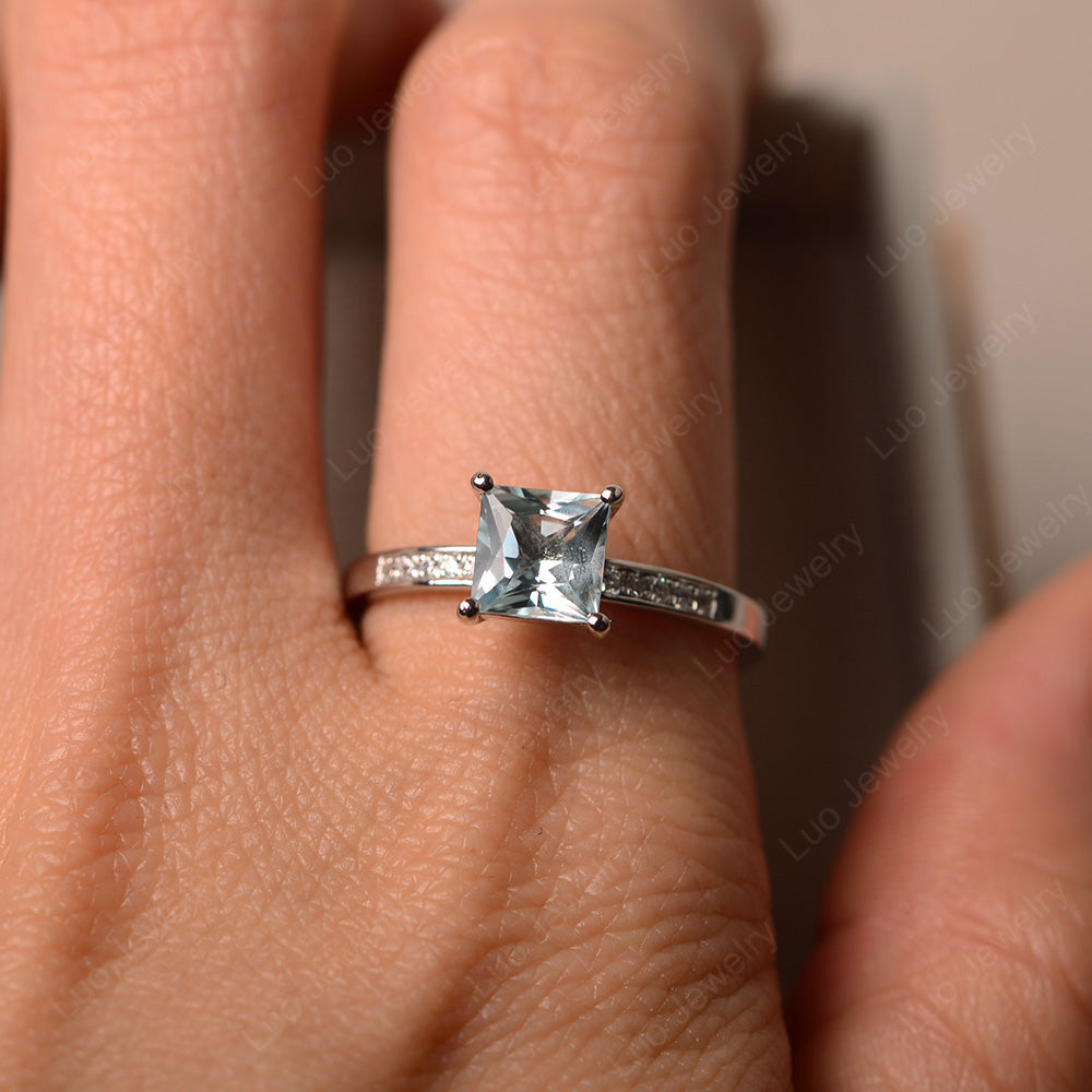 Simple Princess Cut Aquamarine Wedding Ring - LUO Jewelry