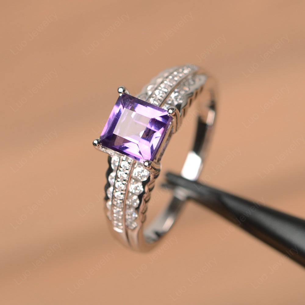 Square Cut Amethyst Art Deco Ring Silver - LUO Jewelry