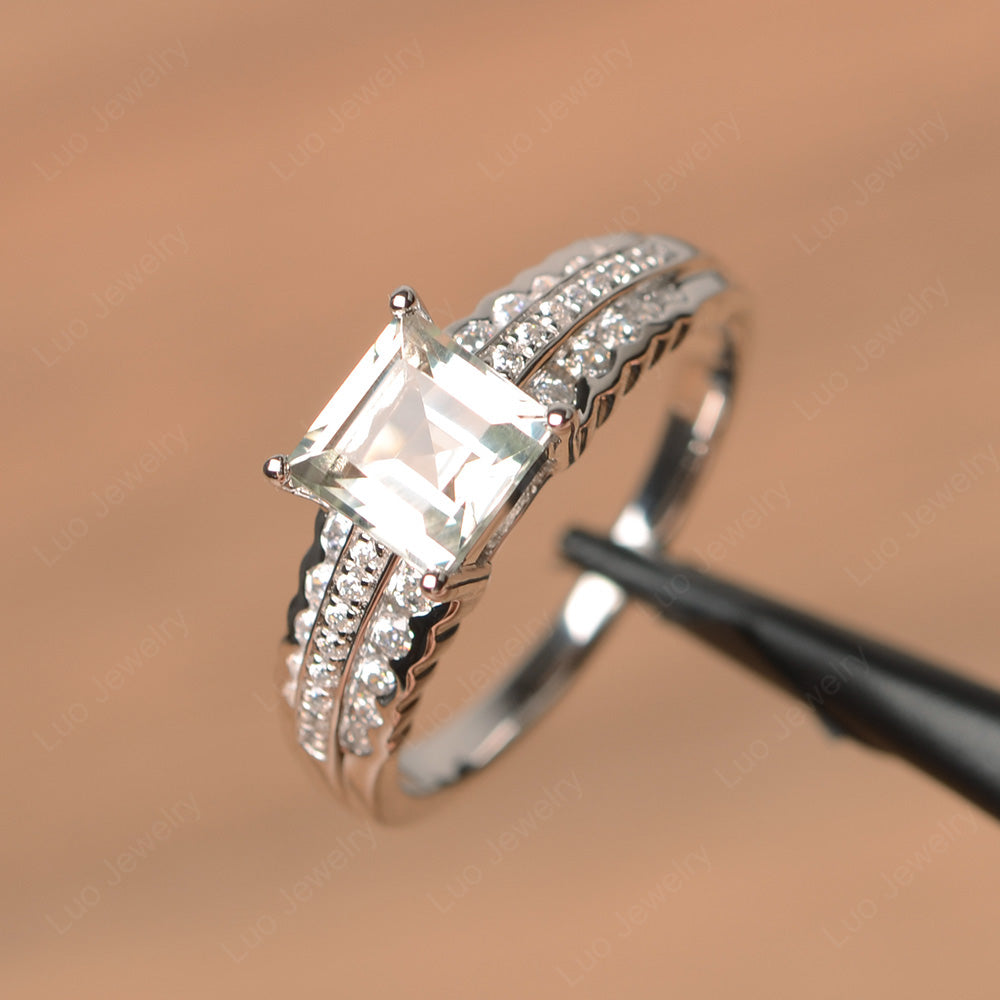 Square Cut Green Amethyst Art Deco Ring Silver - LUO Jewelry